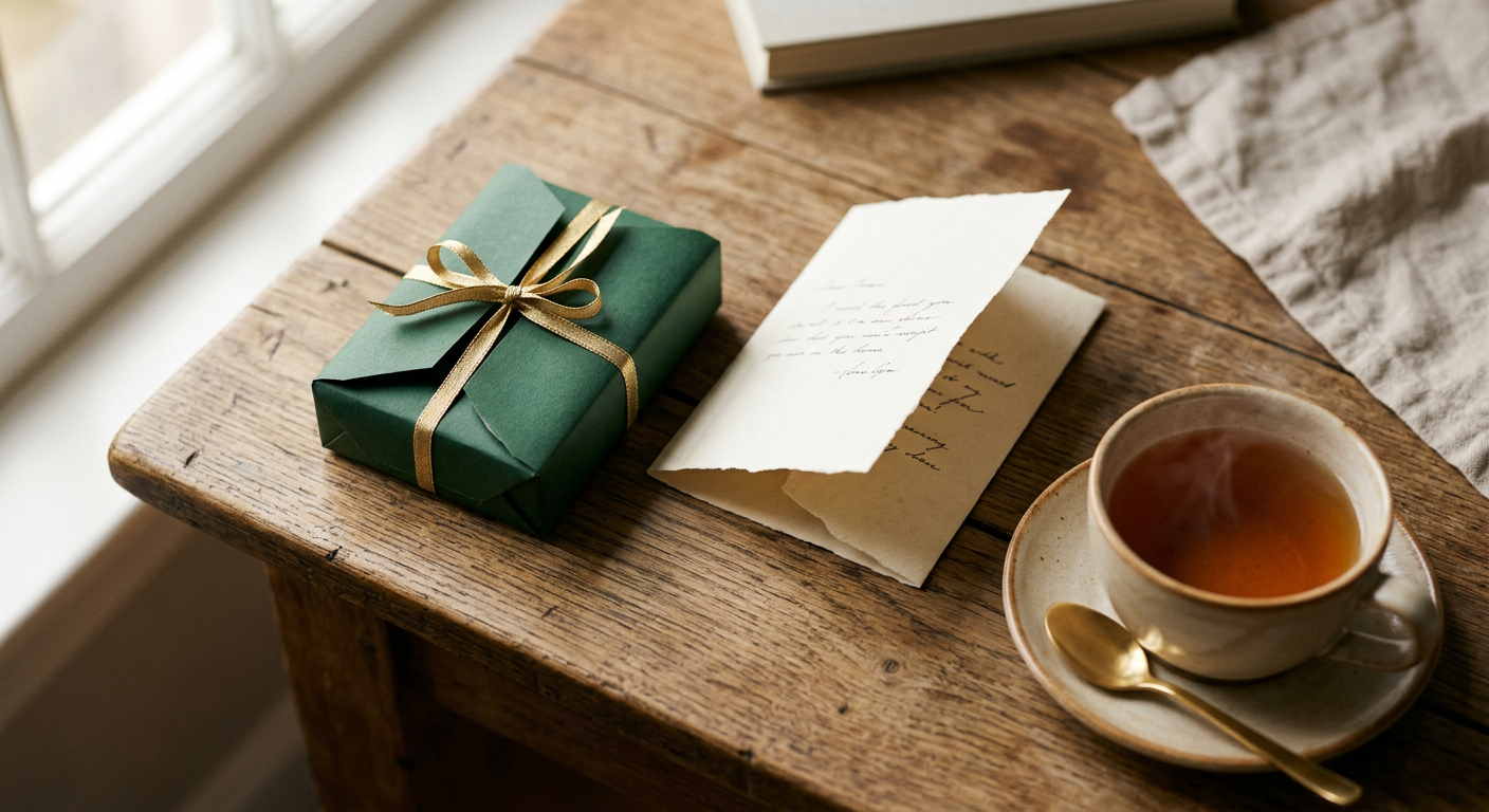 Un petit cadeau emballé et une carte posés sur une table en bois